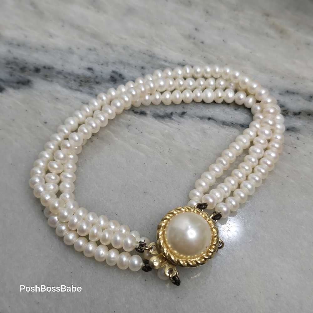 Triple Strand Freshwater Pearl Bracelet w/ Sterling Silver Gold Wash Clasp – 7.5